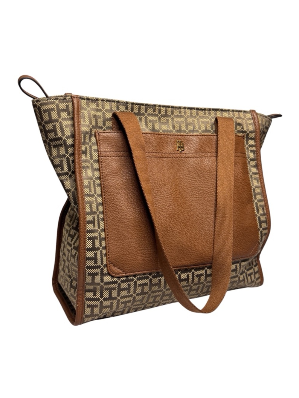 Tommy Hilfiger Brown Logo Tote Bag with Leather Trim, Shoulder Strap, Pockets